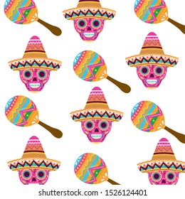 pattern of mexican skull with maraca icon vector illustration design