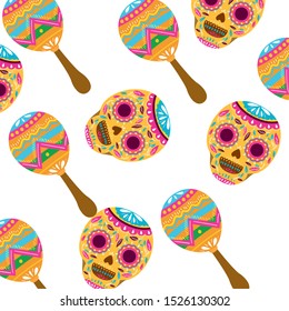 pattern of mexican skull with maraca icon vector illustration design