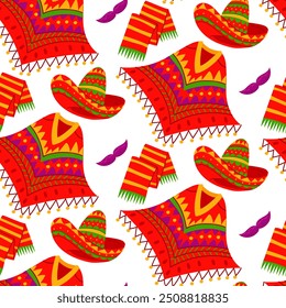 pattern é um chapéu sombrero mexicano, poncho, bigode, cachecol em um fundo branco. Ilustração plana vetorial da roupa nacional mexicana. As peças de vestuário são coloridas em . Desenhado de lado