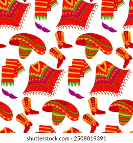 pattern é um chapéu sombrero mexicano, poncho, bigode, cachecol, sapato em um fundo branco. Ilustração plana vetorial da roupa nacional mexicana. As peças de vestuário são coloridas. Desenhado de lado