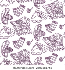 Um padrão de um chapéu sombrero mexicano, poncho, bigode, cachecol, sapatos, flor de doodle roxo no branco. Ilustração vetorial da roupa nacional mexicana. Embalagem de peças de vestuário contrastantes, sem costura