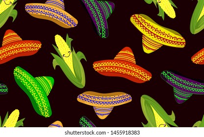Pattern in mexican style. Pattern seamless pattern with sombrero and corn. Can be used as a background, wrapping paper, covers, fabrics, etc.
X