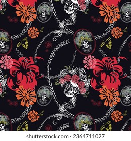 Pattern mexican woman skulls and flowers