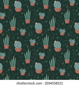 A pattern from Mexico with cacti. Home plants in a pot for fashionable textiles. Vector cute background with botanical plants. Vector illustration