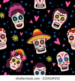 Pattern Mexico. Seamless background, traditional sugar skulls in sombrero, decorative skeletons with hearts and flowers, calavera festival, day of dead. Decor textile, vector print