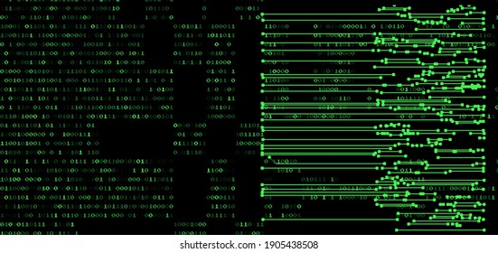 
Pattern of the microcircuit of silicon chip and binary code on dark background. Conceptual vector illustration of Information security and Computer programming.