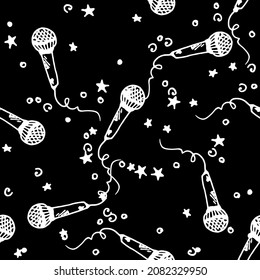 a pattern from a microphone with dots and stars. a seamless pattern of white lines on black, a simple musical background of a hand-drawn vocal microphone with a wire spiral and a texture of dots 