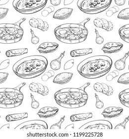 Pattern of Middle Eastern Cuisine . Hummus, kebab, dolma, falafel, shakshuka, al haesh, chips, kube, sigarim, berekas. Vintage hand drawn sketch vector illustration. Middle eastern tradition