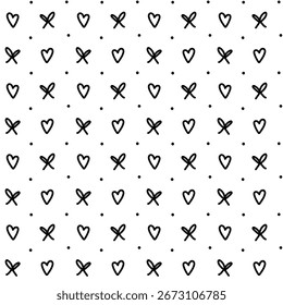 Patrón de mini arcos y corazones, doodle. Hilo atado con dos bucles seguidos con un corazón, puntos. Línea negra sobre blanco. Textura sin costuras. De niños. Forma, símbolo que se repite en rotación. Minimalista