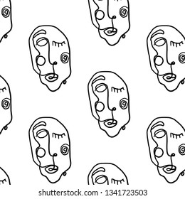 Pattern of minimal abstract cubism face. Art in matisse style. Linear abstract human face. Minimalist avatar of man or woman. Seamless design texture for print on fabric, stationery. 
