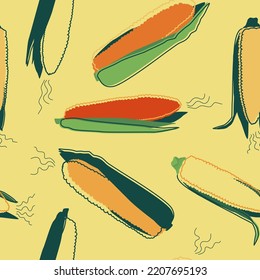 Pattern minimalist linear illustration, gradient corn cob with green leaves. Food and agriculture design element.