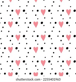Pattern minimalist pink heart and black dot. Love romantic background. Valentines design