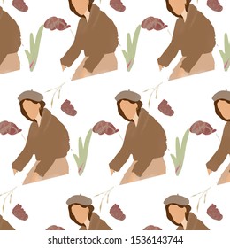 Pattern minimalist trendy woman portrait in pastel colors. Aesthetic design colors. Autumn inspiration 