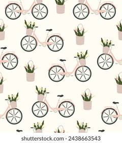 Pattern minimalistic bicycle with flowers on light pink background.
