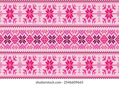 Pattern minimalistic pixel art and ethnic design for background.Embroidery Cross Stitch.carpet,wallpaper,clothing,wrapping,Batik,fabric,Vector illustration.floral samless pattern