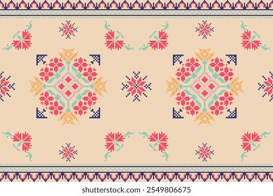 Pattern minimalistic pixel art and ethnic design for background.Embroidery Cross Stitch.carpet,wallpaper,clothing,wrapping,Batik,fabric,Vector illustration.floral samless pattern