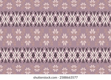 Pattern minimalistic pixel art and ethnic design for background.Embroidery Cross Stitch.carpet,wallpaper,clothing,wrapping,Batik,fabric,Vector illustration.Floral seamless pattern