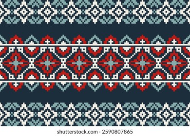 Pattern minimalistic pixel art and ethnic design for background.Embroidery Cross Stitch.carpet,wallpaper,clothing,wrapping,Batik,fabric,Vector illustration.Floral seamless pattern