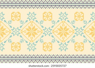 Pattern minimalistic pixel art and ethnic design for background.Embroidery Cross Stitch.carpet,wallpaper,clothing,wrapping,Batik,fabric,Vector illustration.Floral seamless pattern