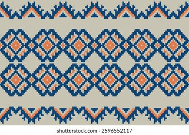 Pattern minimalistic pixel art and ethnic design for background.Embroidery Cross Stitch.carpet,wallpaper,clothing,wrapping,Batik,fabric,Vector illustration.Floral seamless pattern