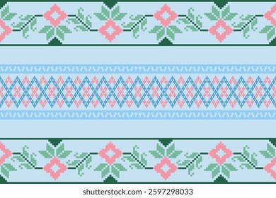 Pattern minimalistic pixel art and ethnic design for background.Embroidery Cross Stitch.carpet,wallpaper,clothing,wrapping,Batik,fabric,Vector illustration.Floral seamless pattern