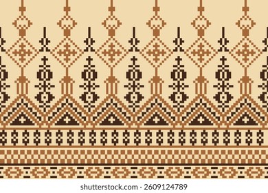 Pattern minimalistic pixel art and ethnic design for background.Embroidery Cross Stitch.carpet,wallpaper,clothing,wrapping,Batik,fabric,Vector illustration.Floral seamless pattern
