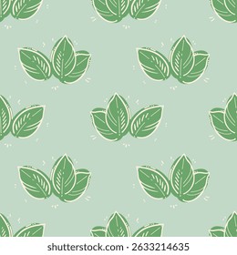 Pattern mint leaves doodle, contour drawing on background of green spots, on mint background.
