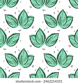 Pattern mint leaves stylized doodle, contour drawing on background of mint green spots, on white background.