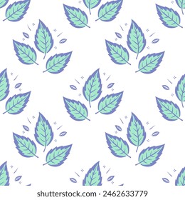 Pattern of Mint leaves stylized drawing, lilac contour drawing on background of mint spots, on white background.