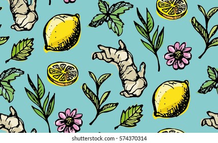 Pattern with mint, lemon slice, ginger, herbs, flower . Collection ingredients for tea. Vector illustration.
