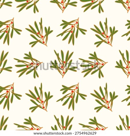Pattern Mistletoe doodle drawing, an evergreen plant with green leaves and red berries, for textiles, clothing, and home decor, associated with winter holidays, especially Christmas. Vector