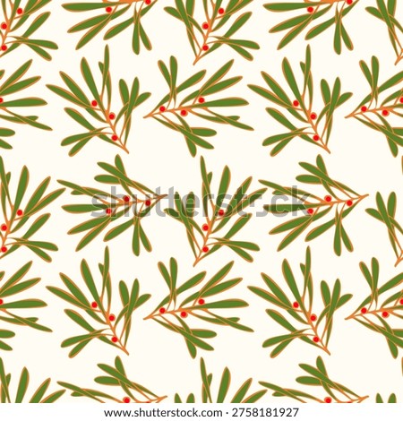 Pattern Mistletoe twigs, an evergreen plant with green leaves and red berries, for textiles, clothing, and home decor, associated with winter holidays, especially Christmas.