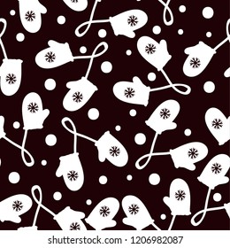 Pattern of mittens. Christmas. Black background, snow, white mittens with snowflake. Good for printing postcards, packaging, textiles. Simple seamless pattern.
