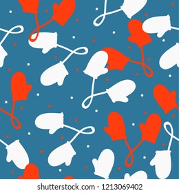 Pattern of mittens. Dark blue background, white and red mittens, snow. Christmas. Good for printing packaging, postcards, textiles. Simple seamless pattern.