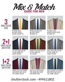 Pattern mix and match guide for men suit and shoes. Suitable and appropriate color match variations for various events, formal, business, casual and other.