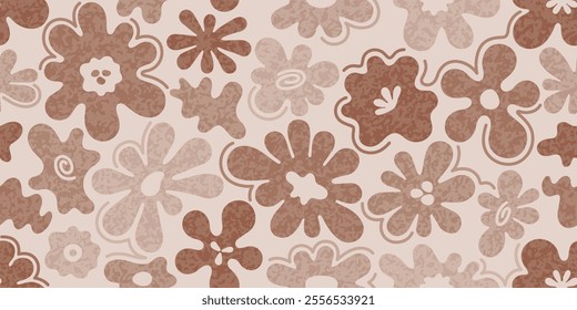 Pattern with mocha mousse flower. Mocha mousse 2025 year color groovy retro floral seamless bg. Vector print background. Abstract 70s cute simple flowers. Daisy vintage spring seamless floral pattern