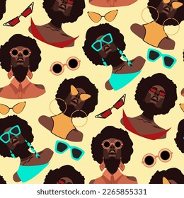 Pattern of modern African women in retro style and glasses. Curly-haired African-American women look at you in different glasses. Background for the optics store, packaging. Background in retro colors