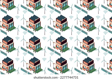 Pattern of modern eco house with windmills and solar panels and wifi. Flat isometric vector illustration, can be used in wallpaper, banner pictures and for background.