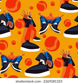 Ein Muster mit modernen modischen Jungs in großen Turnschuhen mit Basketball. Hintergrund für die Läden im Marketing-Bereich. Ein helles, modernes Werbebanner mit modischem Verkauf von stilvollen Dingen.