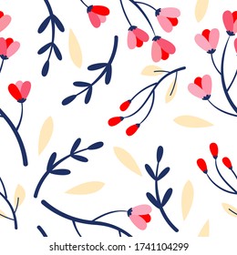 Pattern with modern flowers and leaves. Endless texture for your design, greeting cards, announcements, posters.