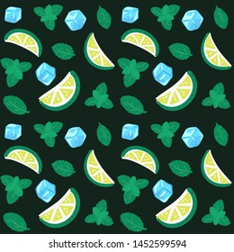 Pattern with the Mojito ingredients on the dark background: lime, ice, mint. Best for textile, wallpapers or print