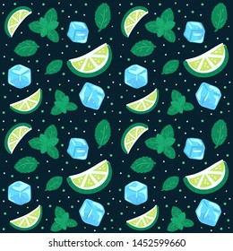 Pattern with the Mojito ingredients on the dark background: lime, ice, mint. Best for textile, wallpapers or print