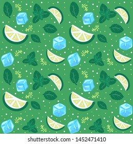 Pattern with Mojito ingredients on the green background: lime, ice, mint. Best for textile, wallpapers or print