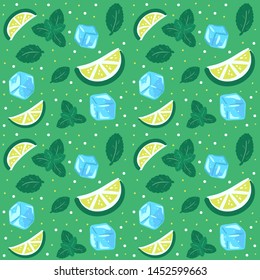 Pattern with Mojito ingredients on the green background: lime, ice, mint. Best for textile, wallpapers or print