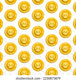 Pattern of Monero coins on transparent background with mini doodle (icons) and gold color. Vector Illustration