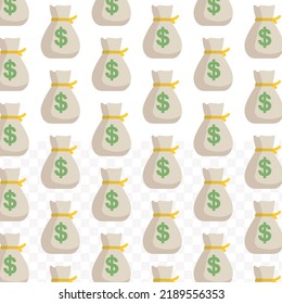 Pattern Of Money Bag In Transparent Background (PNG) With Mini Doodle (icons). Vector Illustration