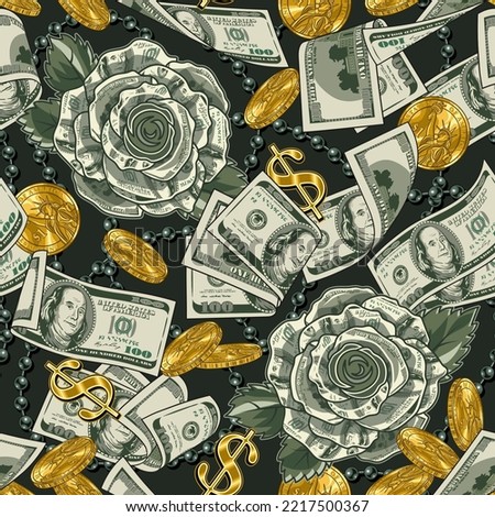 Pattern with money rose made of 100 US dollar notes, golden one dollar coins, dollar sign, string of green pearls. Creative vector illustration in vintage style.