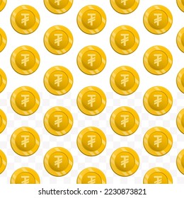 Pattern of Mongolian Tugrik coins on transparent background with mini doodle (icons) and gold color. Vector Illustration