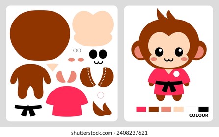 A pattern Monkey wearing clothes for kids crafts for paper crafts. Vector illustration of monkey puzzle. cut and glue patterns for children's crafts.