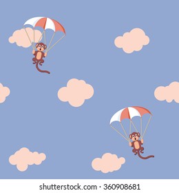 Pattern of monkeys in the sky with parachute. Rose Quartz and Serenity colors